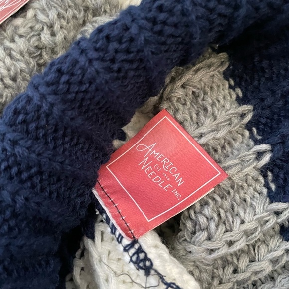 New AMERICAN NEEDLE Slope Knit Stripe Pompom Beanie In Navy-ivory-heather grey - Picture 5 of 6